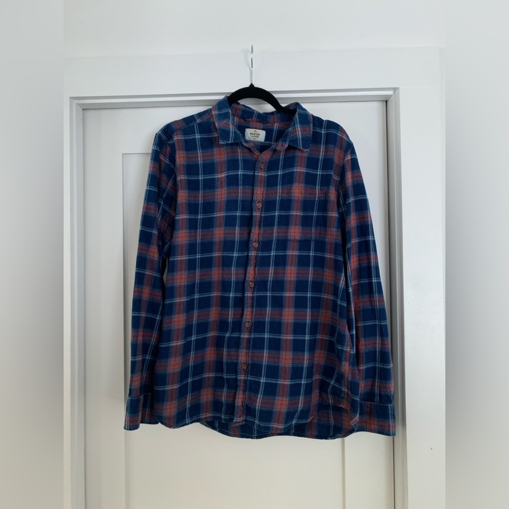 Marine Layer Navy and Rust Plaid Men's Shirt [Large]